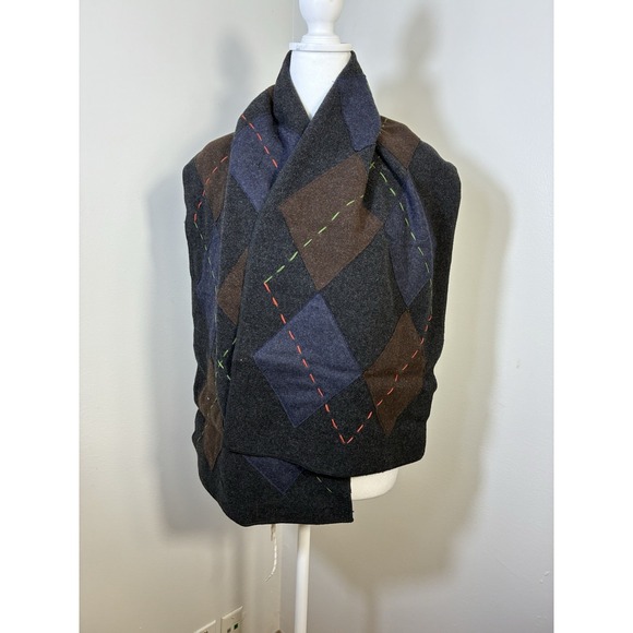 Gap Kantha Stitch Scarf Wool Blend Gray Diamond Print Preppy Unisex OS - Picture 1 of 3